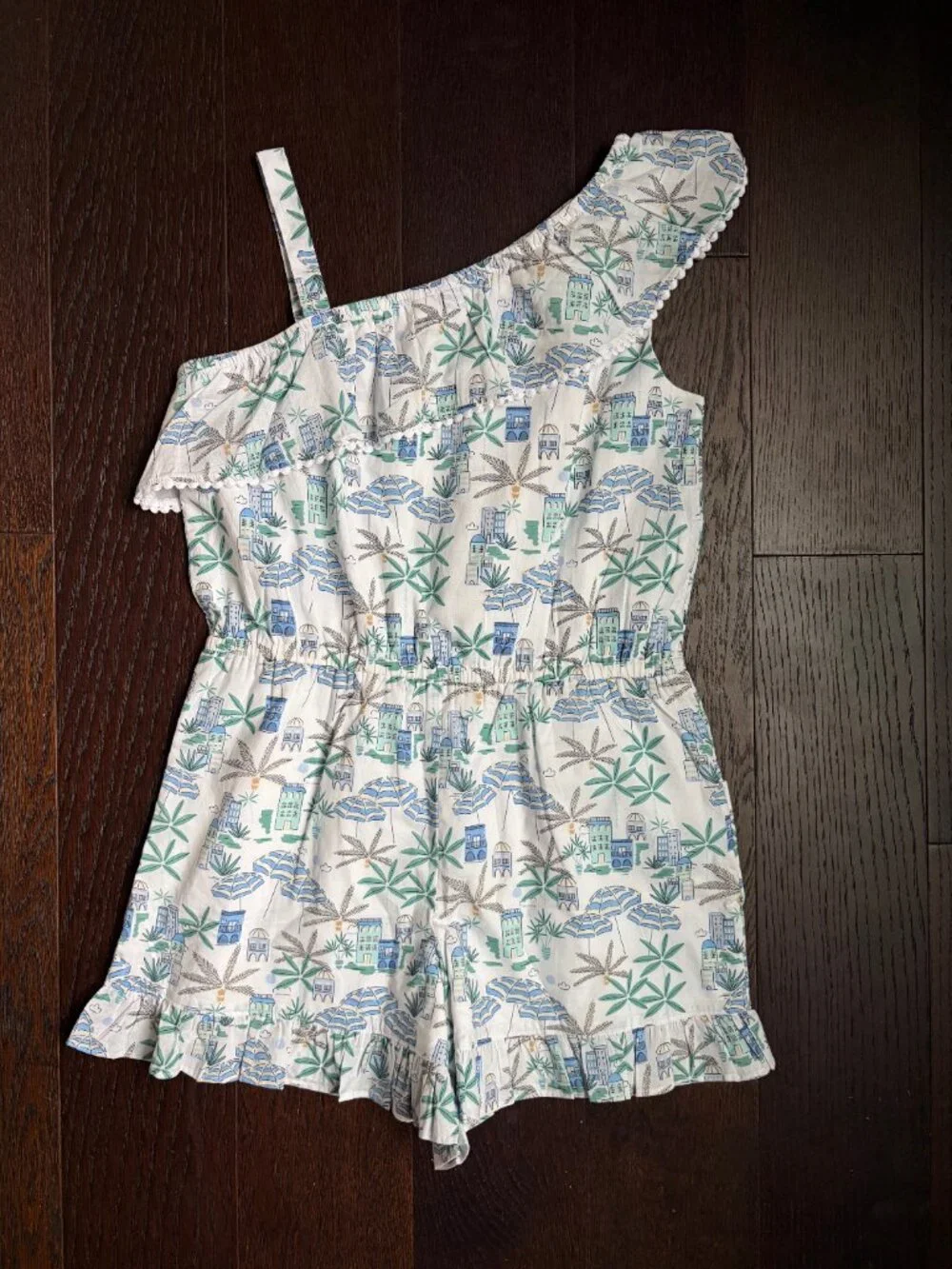 NWT Janie and Jack Ruffle Shoulder Shorts Romper (Coastal Getaway Print) - 12